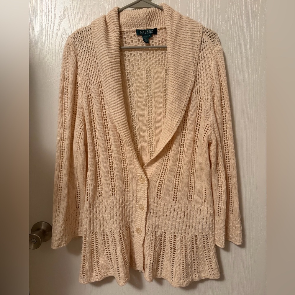 Lauren Ralph Lauren Linen Silk Blend Cream Open-Knit Shawl Collar Cardigan XL